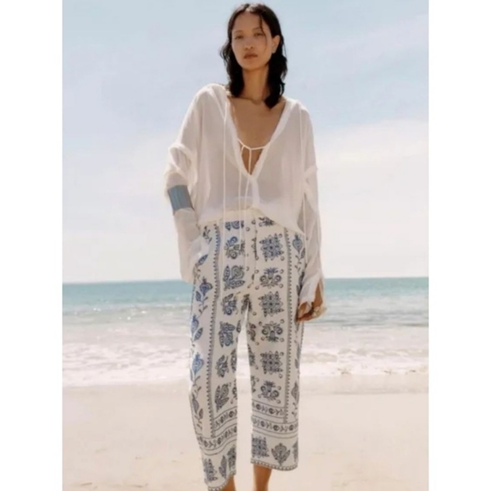 Zara Linen Embroidered Culottes Wide Leg Pants